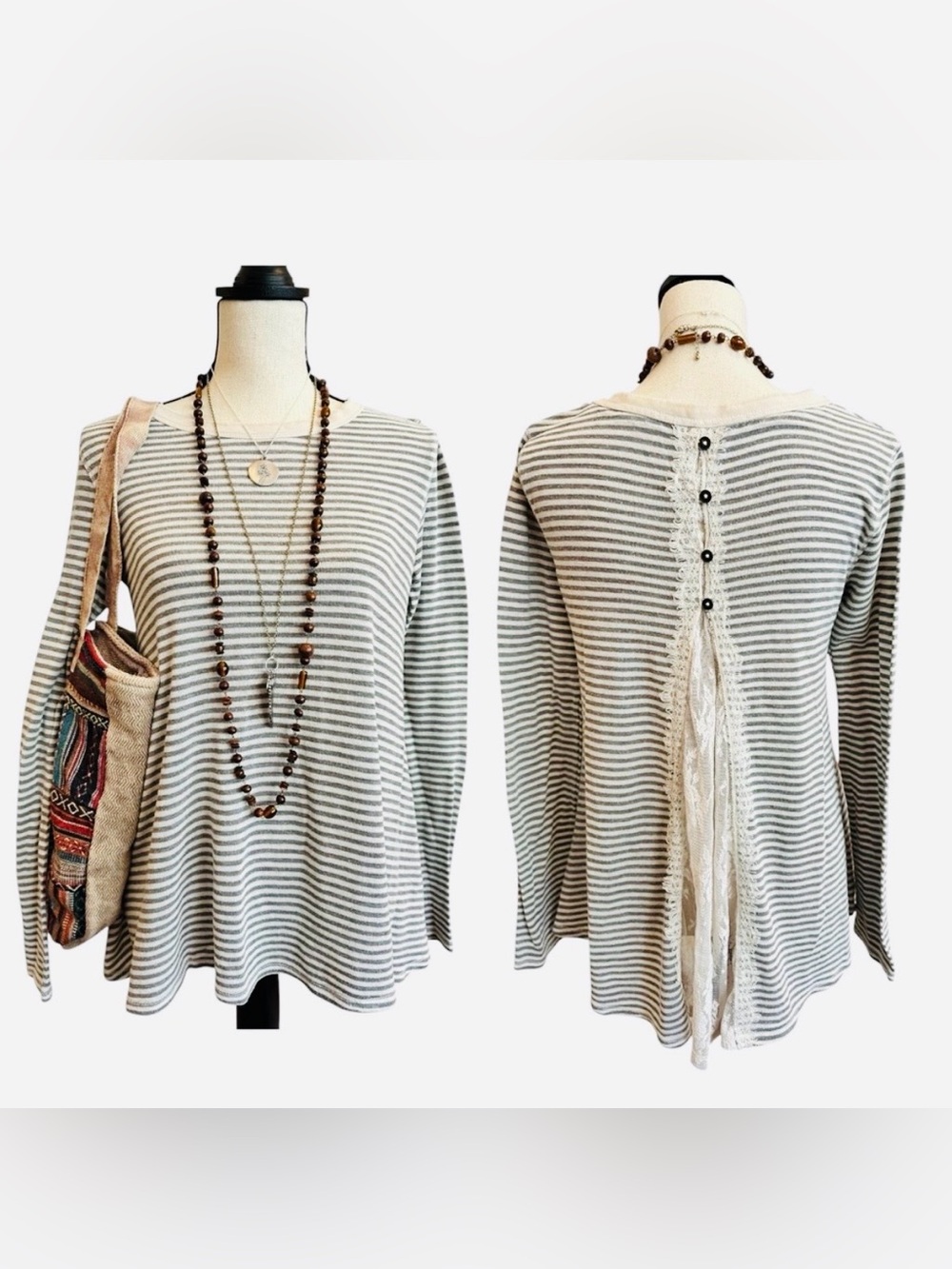 Xhilaration Striped Lace Back Top Boho Tunic Gray Cream | Medium